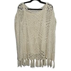 One World Womens Size M Cream Bohemian Crochet Fringe Layered Sweater Beach BOHO
